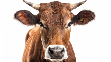 Closeup head shot of cow face isolated on white background