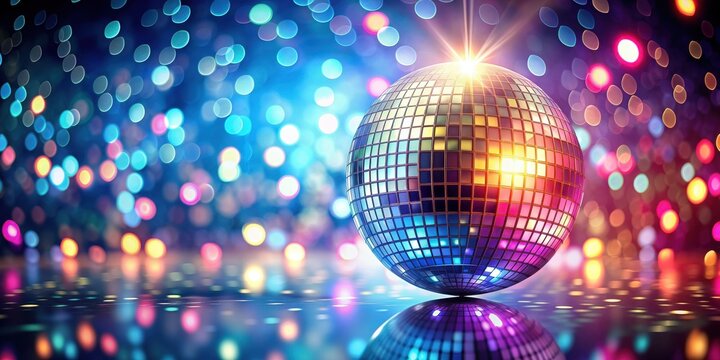 Retro disco dance background with a glowing disco mirror ball and colorful lights bokeh , vintage, disco, dance, party