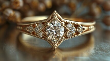 Exquisite gold ring adorned with sparkling diamonds, showcased against a backdrop of delicate foliage. Generative AI