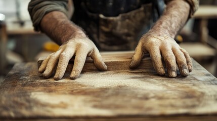 Closeup of Hands Covered in Sawdust on a Wooden Surface