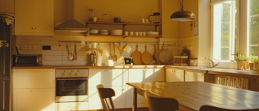 A sunlit, rustic kitchen with warm wood tones and an inviting atmosphere, embracing a cozy and lived-in feel.