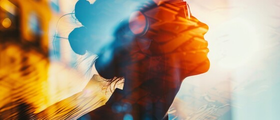 A profile of a woman in a double exposure merged with abstract lights, suggesting a creative, introspective, and modern urban aura.