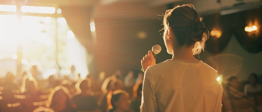 A woman standing on stage holds a microphone, addressing an attentive audience bathed in warm, glowing sunlight in a cozy, indoor setting.