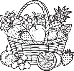 A fruit basket lineart coloring book illustration for kids