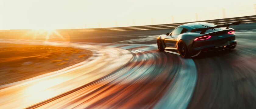 A sleek, high-performance sports car speeds around a track at sunset, capturing the essence of speed and adrenaline.