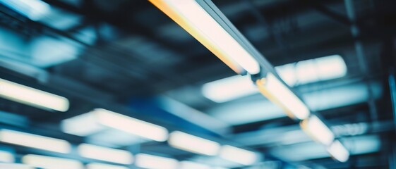 A ceiling with bright fluorescent lights in a modern industrial setting, with a soft focus creating an abstract and futuristic atmosphere.