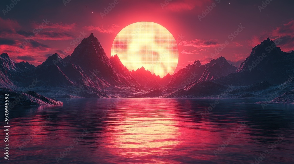 Poster Red Sunset over Mountains