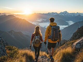 Couple Enjoying Sunset Hike on Mountain Top