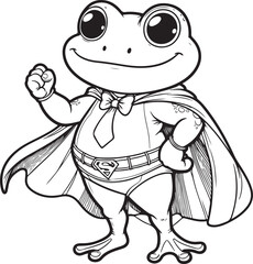 A super hero frog lineart coloring book illustration for kids