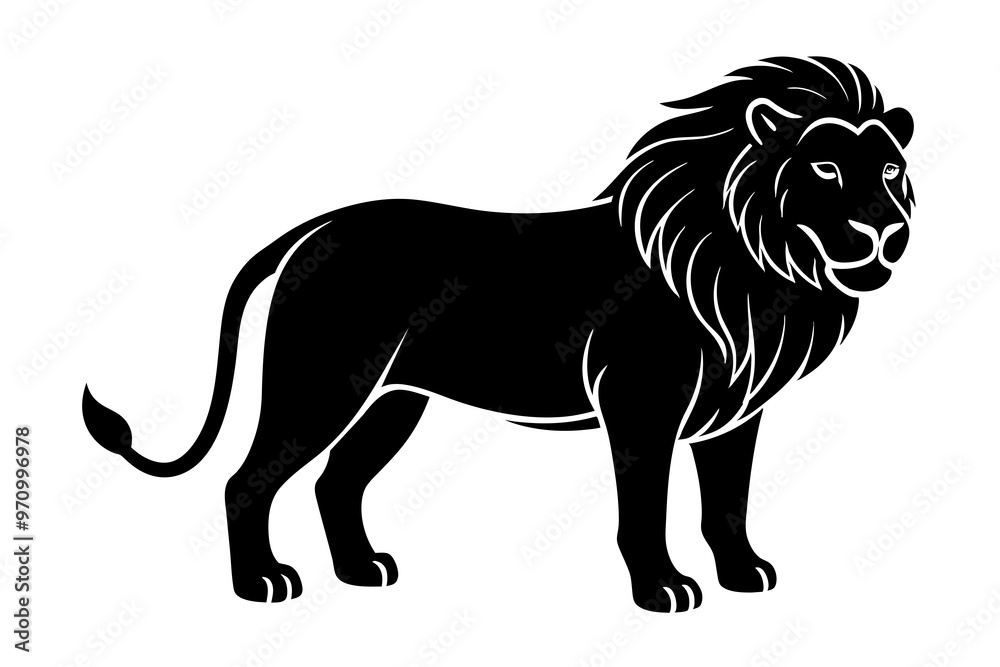 Poster hand drawn lion in a minimal linocut style. 4k silhouette black color vector art illustration