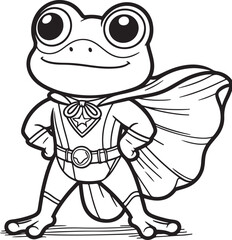 A super hero frog lineart coloring book illustration for kids