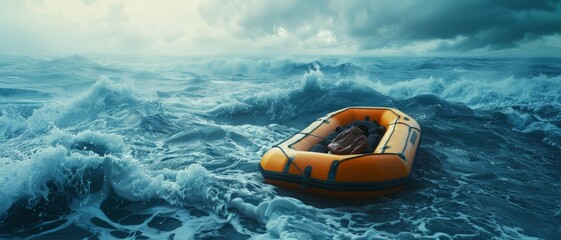 Obraz premium A small orange lifeboat floats in the middle of a rough, stormy ocean, creating a scene of resilience and hope amidst adversity.