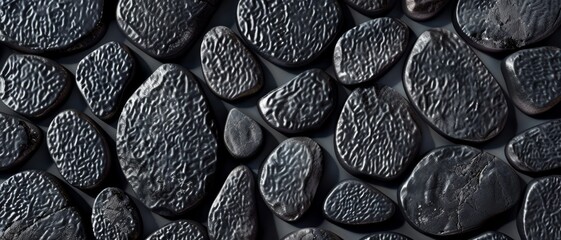Close-up of a collection of smooth, jet-black river stones creating an abstract pattern with their unique shapes and textures.