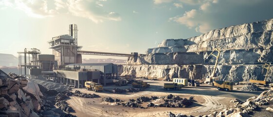 Obraz premium A busy and expansive quarry operation under clear skies, with trucks and machinery active on the site, carving out chunks of the landscape.