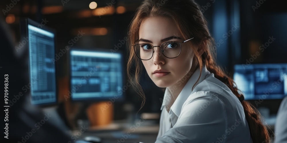 Poster a focused woman working on multiple computer screens in a modern tech environment. the soft glow of 