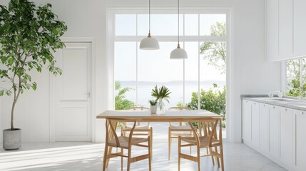 Fototapeta premium Concept of a bright Scandinavian kitchen interior featuring a door dining furniture and a large wall with a white landscape view from the window Nordic home design 3D rendering