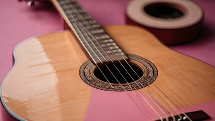 Fototapeta premium Close-up of an acoustic guitar showing its wooden body and strings on a white background