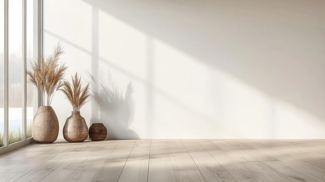 Minimalist interior of a white empty room featuring vases on a wooden floor and decor on a large wall with a white landscape visible through the window 3D illustration of Nordic design