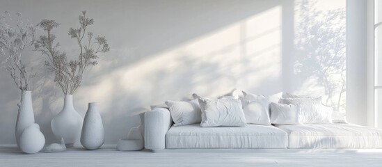 Concept of a white Scandinavian living room featuring a sofa vases on wooden flooring decorative elements on a large wall and a light landscape visible through the window 3D rendering