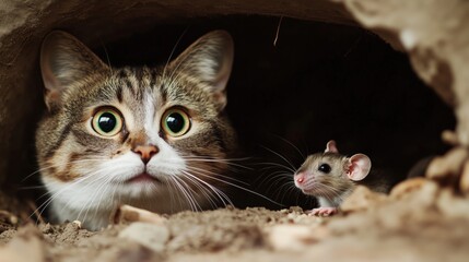Curious cat observing a mouse emerging from its hole &ndash; nature and wildlife photography