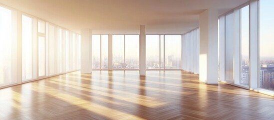 Obraz premium Empty wooden room interior with parquet flooring expansive windows white walls showcasing a modern contemporary architectural concept rendered in 3D illustration