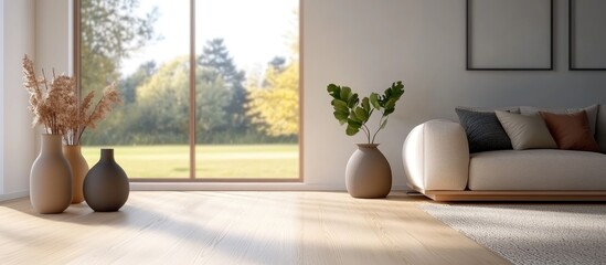 Modern Scandinavian living room design featuring a sofa vases on wooden flooring and wall art complemented by a bright landscape visible through the window 3D rendering