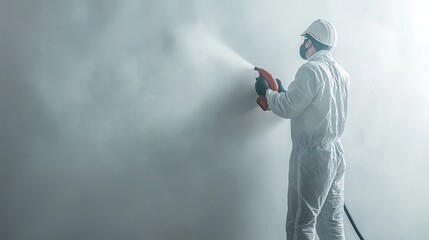 Worker in hazmat suit with gas mask disinfecting