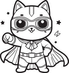 A super hero cat lineart coloring book illustration for kids