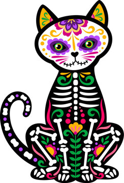 Day of the dead Mexican cat animal skeleton tattoo. Vector sugar skull kitten figure with skeleton bones and floral pattern, symbolizing celebration and Mexican culture for Muertos and Halloween event