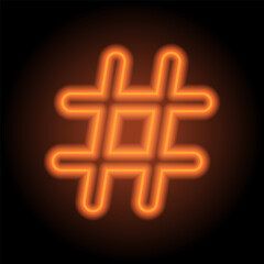 Hashtag simple icon vector. Flat design. Orange neon on black background