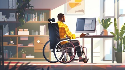 Professional man in wheelchair working at computer desk