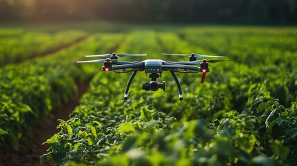 Autonomous robots planting seeds in a large agricultural field.