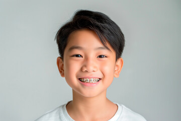 smiling asian kid with braces on plain light background