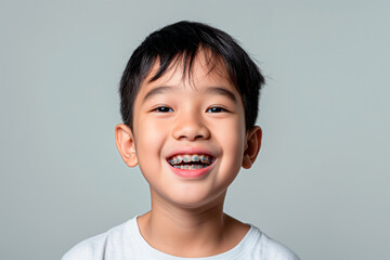 smiling kid with braces on plain light background