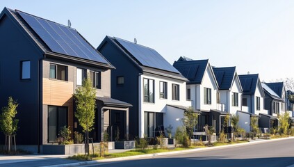 Eco-friendly modern homes with solar panels in suburban neighborhood