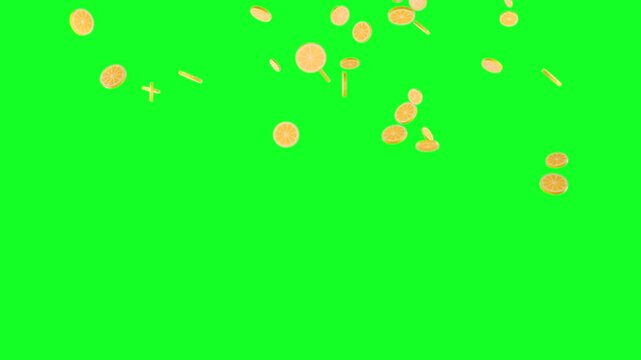 raining yellow lemon slices and green screen