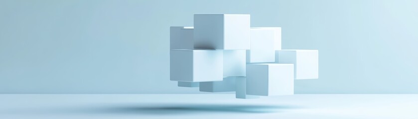 Obraz premium Abstract composition of floating geometric shapes in a light blue environment, ideal for modern design projects and digital art.
