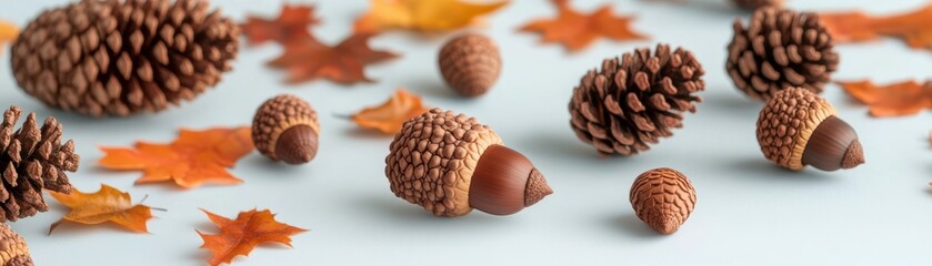 Autumn scene featuring pine cones and acorns surrounded by colorful leaves, capturing the essence of fall.