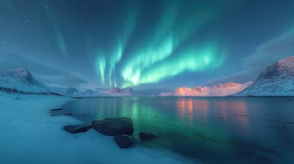 Naklejka premium Northern Lights over Snowy Mountain Landscape