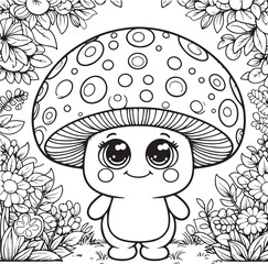 A mushroom lineart coloring book illustration for kids