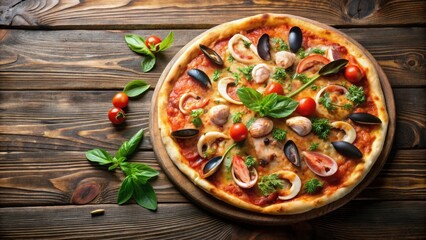 Freshly baked seafood pizza served on a rustic wooden table, seafood, pizza, crustaceans, mozzarella, olives, tomatoes