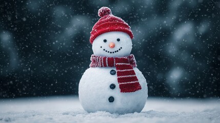 Fototapeta premium Cute Snowman Wearing Red Hat and Scarf in Snowy Winter Scene