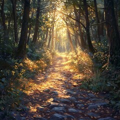Obraz premium Peaceful Forest Path at Sunrise with Natural Details