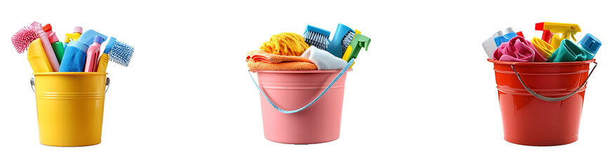 Set, collection of Bucket filled with cleaning supplies isolated on transparent background.