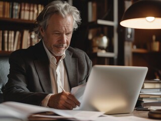 Professional Man Reviewing Papers at Desk