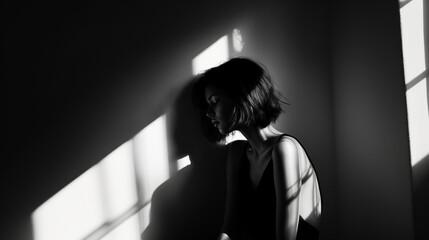 The woman is sitting in thought, her face partially hidden by shadows. The contrast of light and darkness highlights her inner silence and emotional tension.