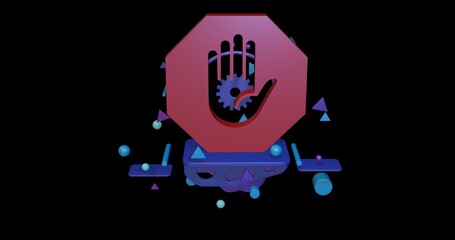 Red stop hand symbol on a pedestal of abstract geometric shapes floating in the air. Abstract concept art with flying shapes in the center. 3d illustration on black background