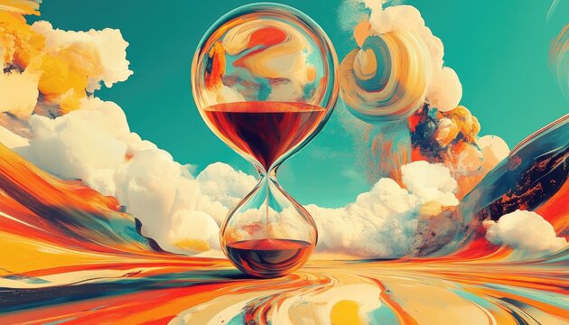Surreal illustration featuring an hourglass balloon representing an abstract concept of time