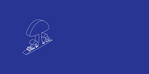 The outline of a large mushrooms symbol made of white lines on the left. 3D view of the object in perspective. Vector illustration on indigo background