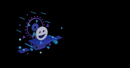 White laughter smiley symbol on a pedestal of abstract geometric shapes floating in the air. Abstract concept art with flying shapes on the left. 3d illustration on black background